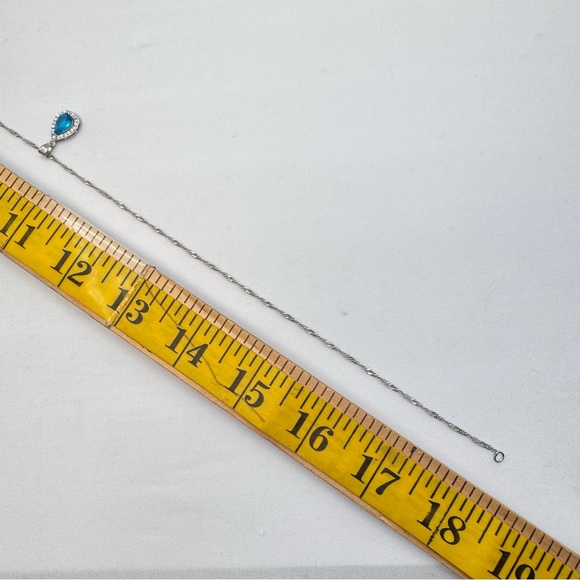 Bright Blue Diamond CZ Teardrop Halo Pendant Necklace Silver White CZ Glam - Picture 6 of 8